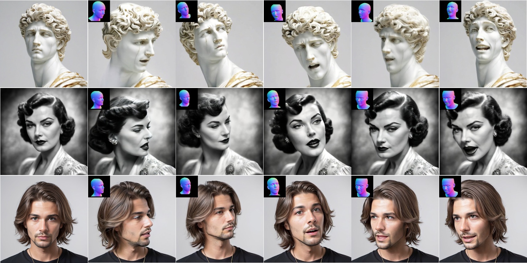 ViDS animates sculptural, stylized, and photorealistic source portraits across diverse expressions and head poses using dense 3D face-tracking normal maps