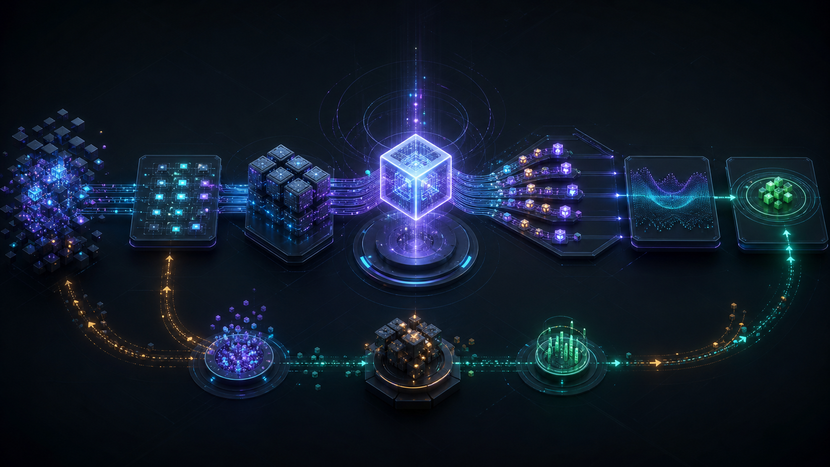 A glowing model checkpoint suspended inside an AI infrastructure control loop connecting compute, memory, scheduling, observability, product behavior, and feedback.