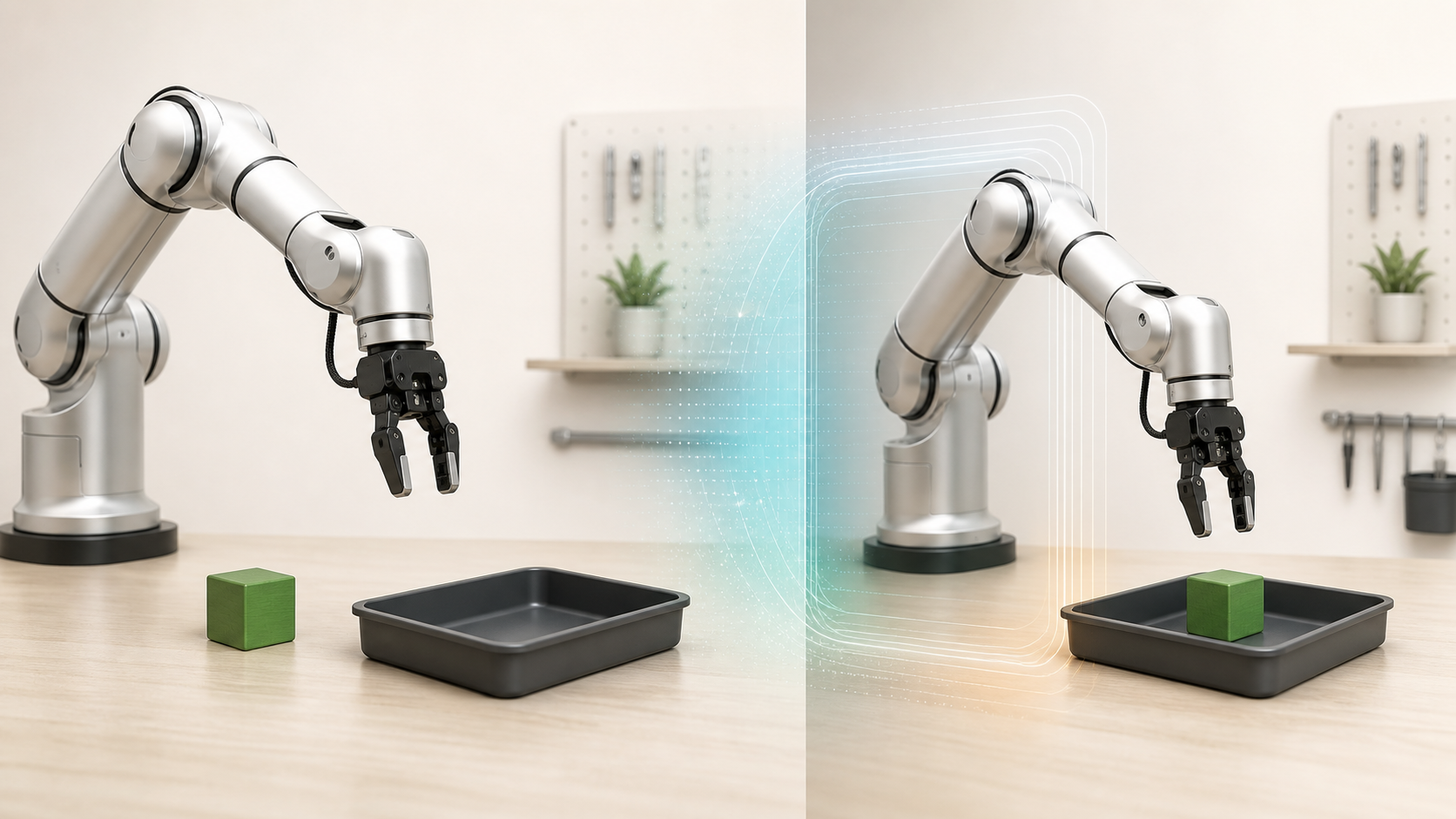A side-by-side robotics scene showing a green cube beside an empty tray in the current observation and placed inside the tray in the imagined subgoal state.
