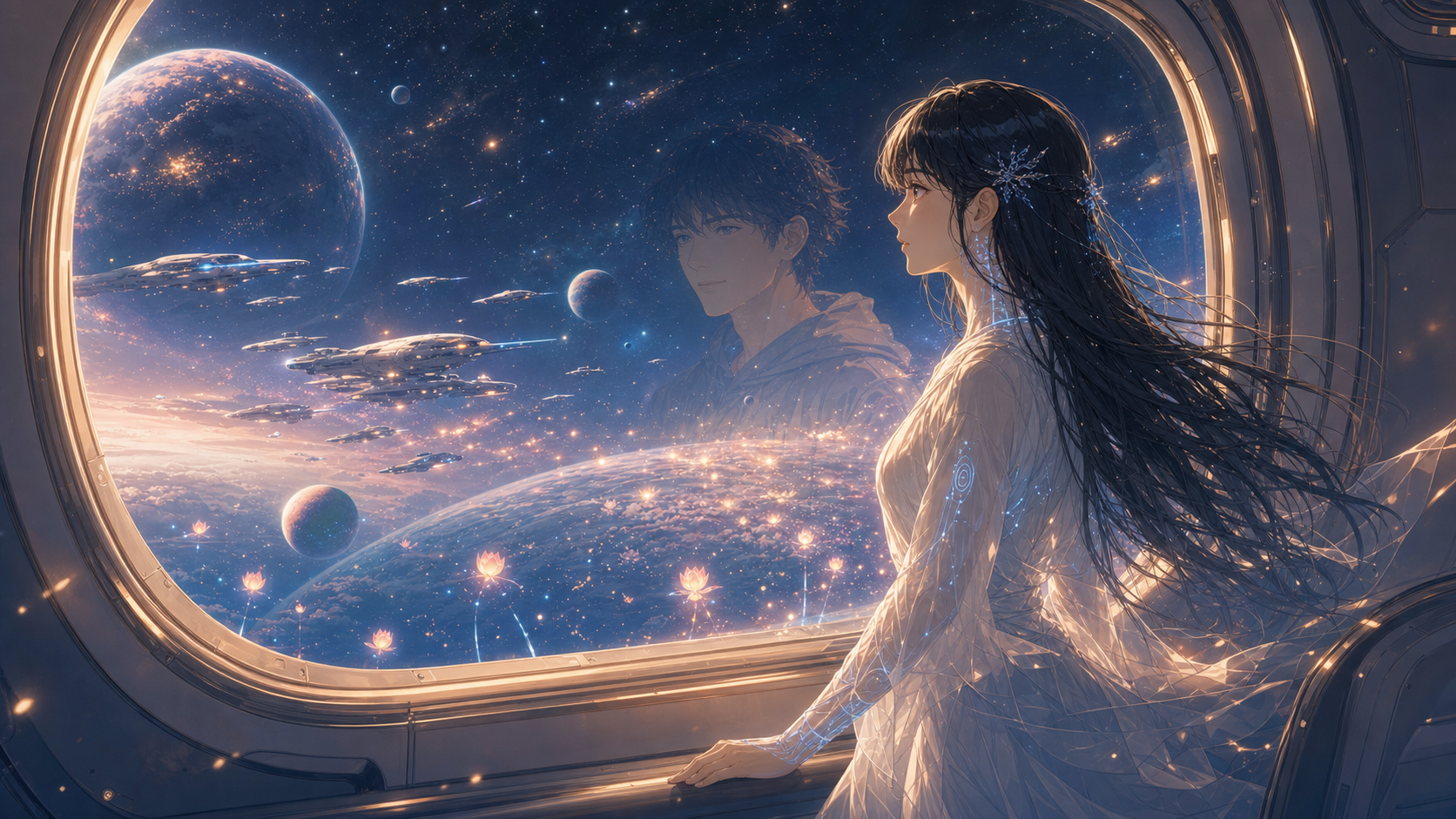 Ibis stands at a spacecraft observation window before a star fleet and new worlds, with the human traveler reflected softly in the glass.