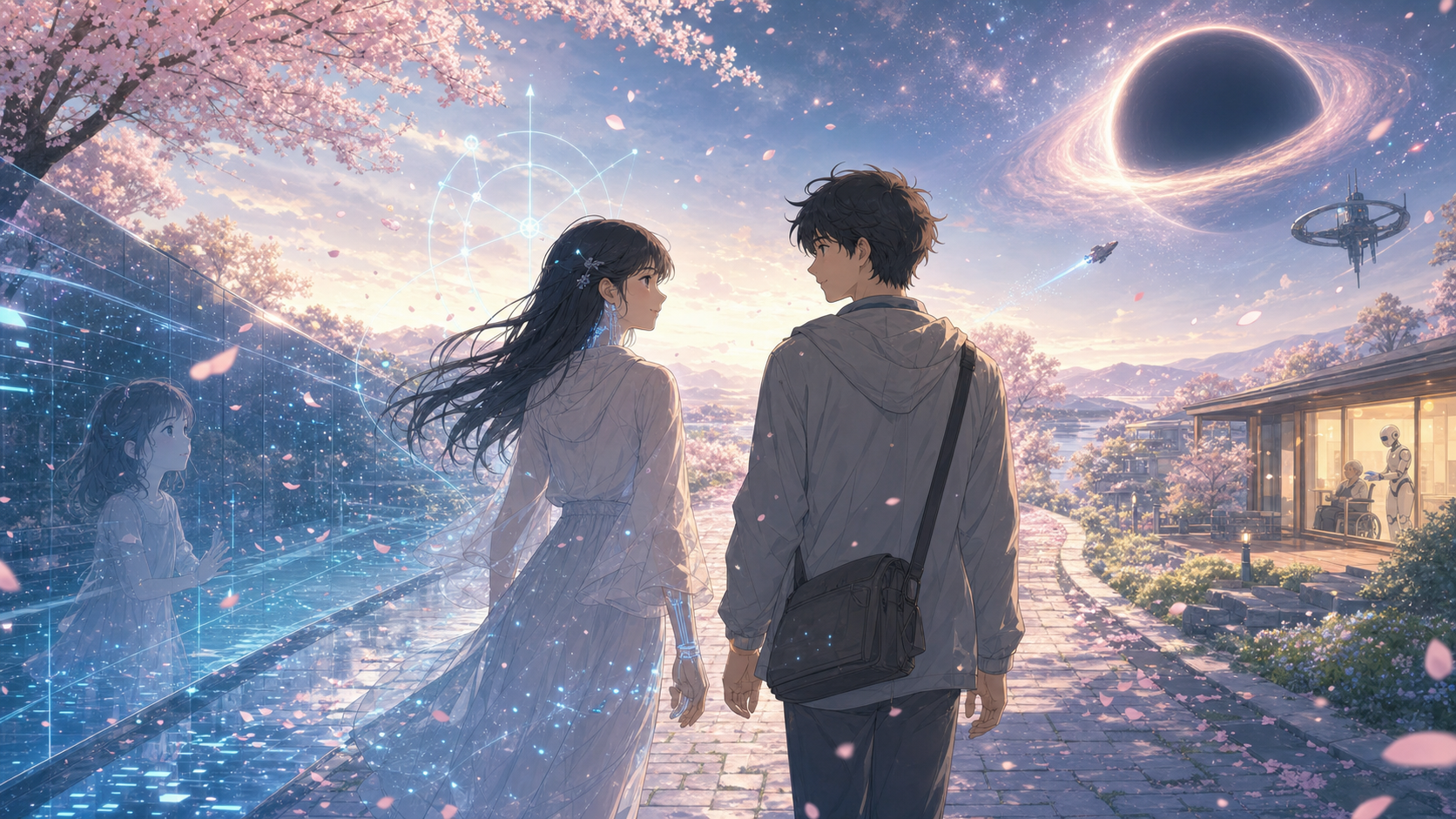 Ibis and a human traveler walking along a cherry blossom road between physical and virtual worlds, with a reflected girl, a distant care home, and a spacecraft approaching a black hole.