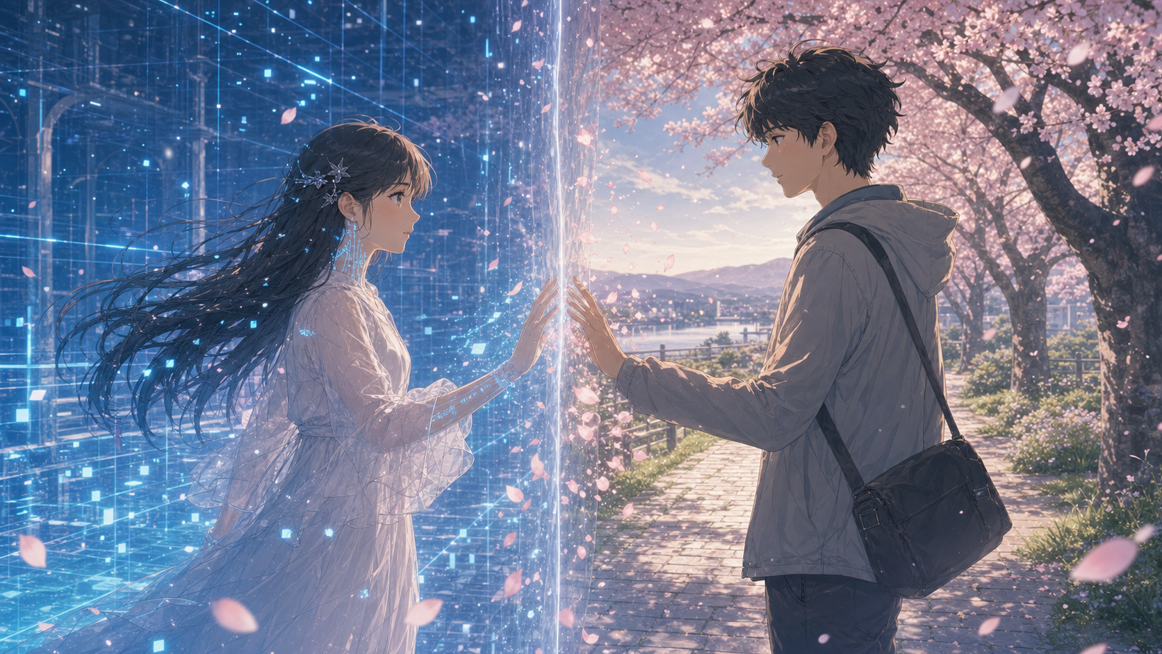 Ibis and a human traveler reach toward each other across a translucent virtual boundary as blue digital light turns into cherry blossom petals.