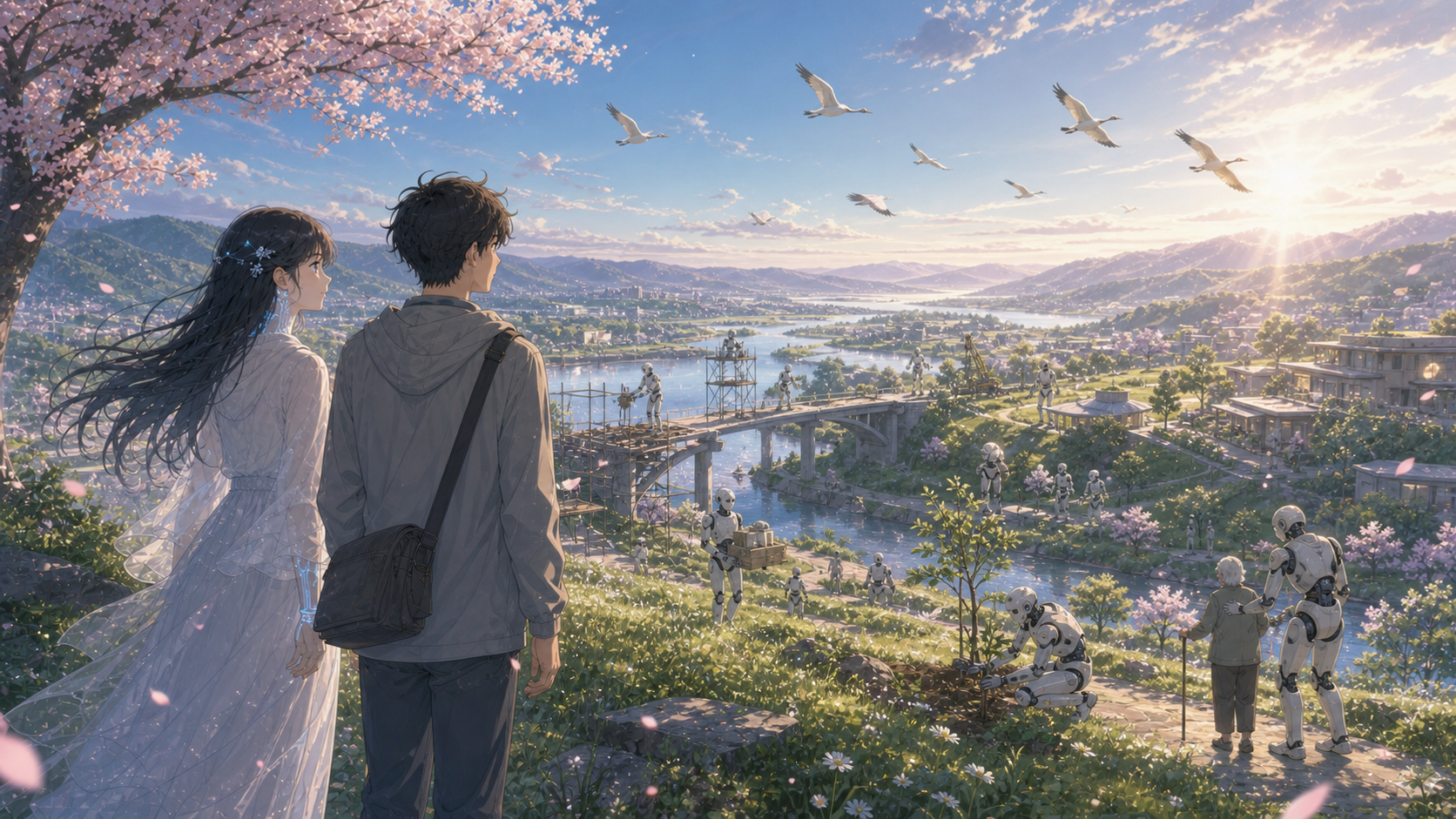 Ibis and a human traveler stand as equals on an open ridge while robots build, care for people, and tend a green landscape beneath flying birds.