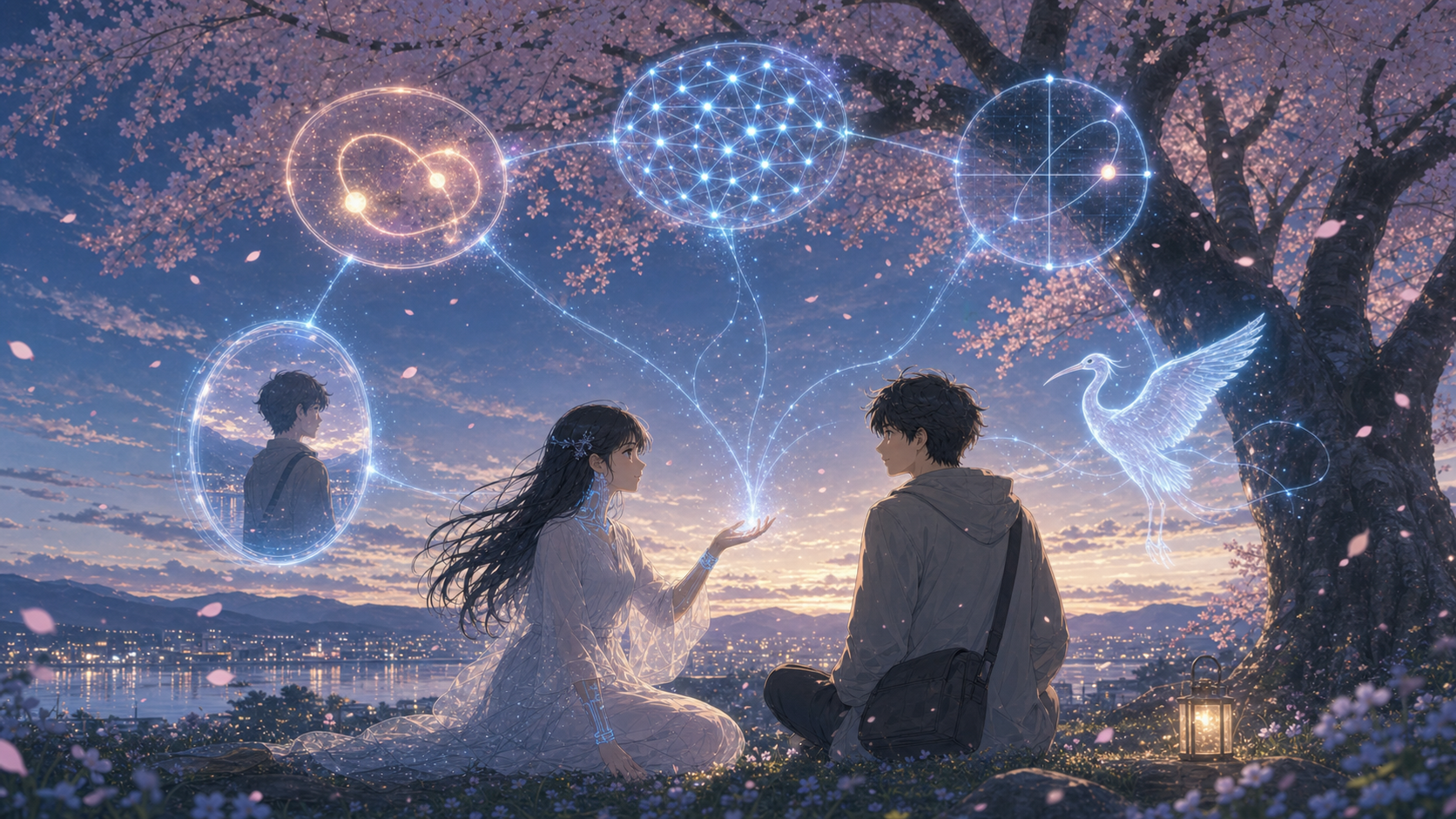 Ibis tells a story beneath a cherry tree while five connected glowing symbols suggest love, artificial intelligence, imaginary space, selfhood, and Ibis.