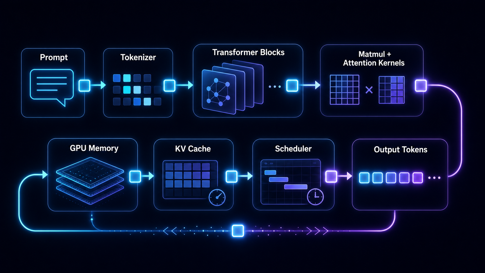 A glowing token moving through an abstract LLM inference stack from prompt and tokenizer through Transformer blocks, kernels, memory, KV cache, scheduler, and generated output.