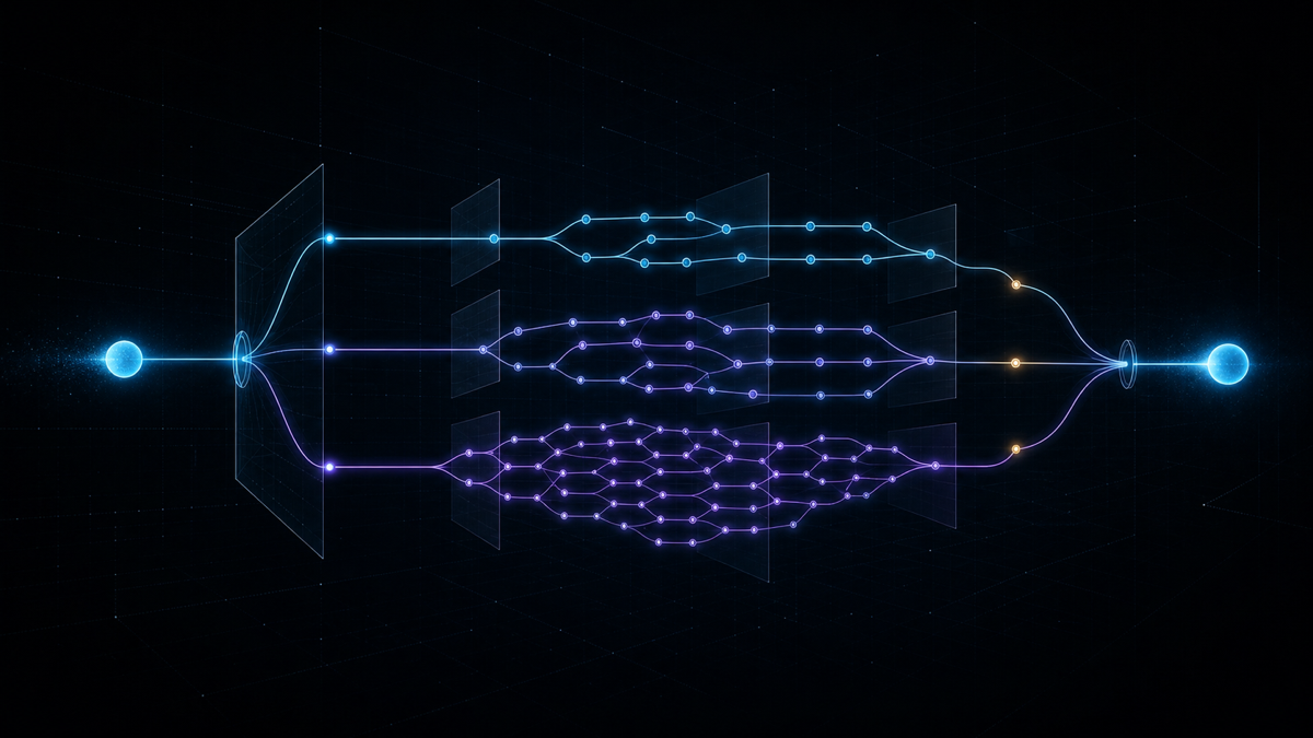 One input token splitting into low-, medium-, and high-effort reasoning paths of increasing length before reconverging into one output token.