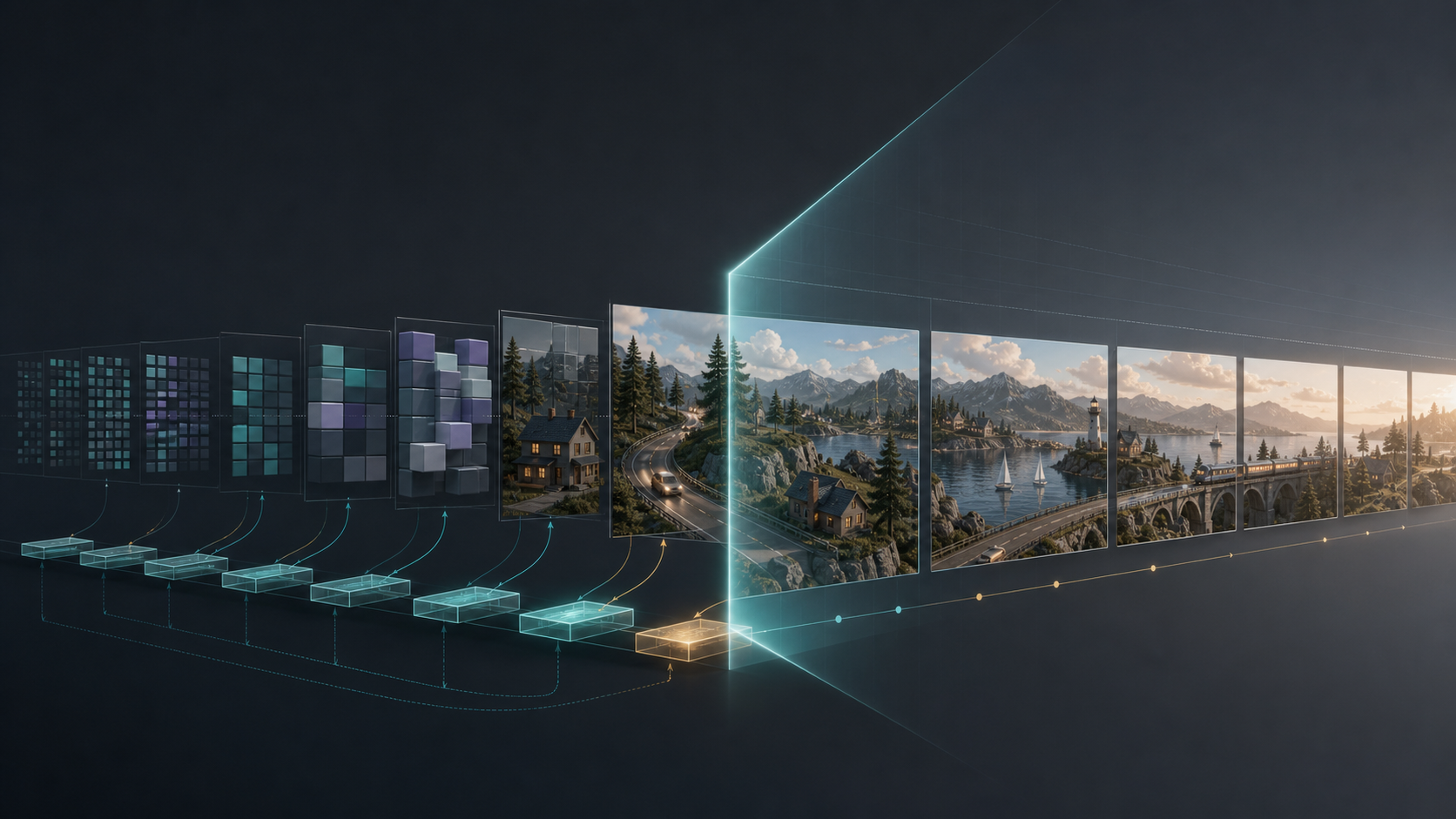 Compressed latent memories on the left become detailed generated video frames on the right across a glowing denoising frontier.