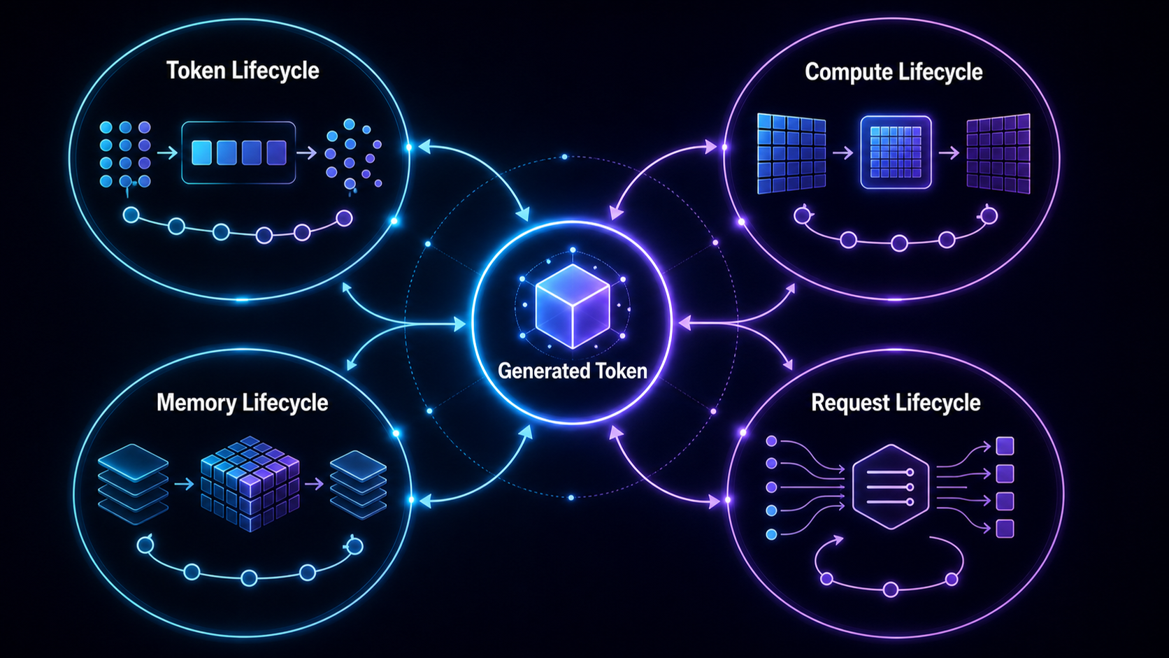 A glowing central token connected to four abstract lifecycle rings representing token flow, compute tiles, cache blocks, and scheduling arrows.
