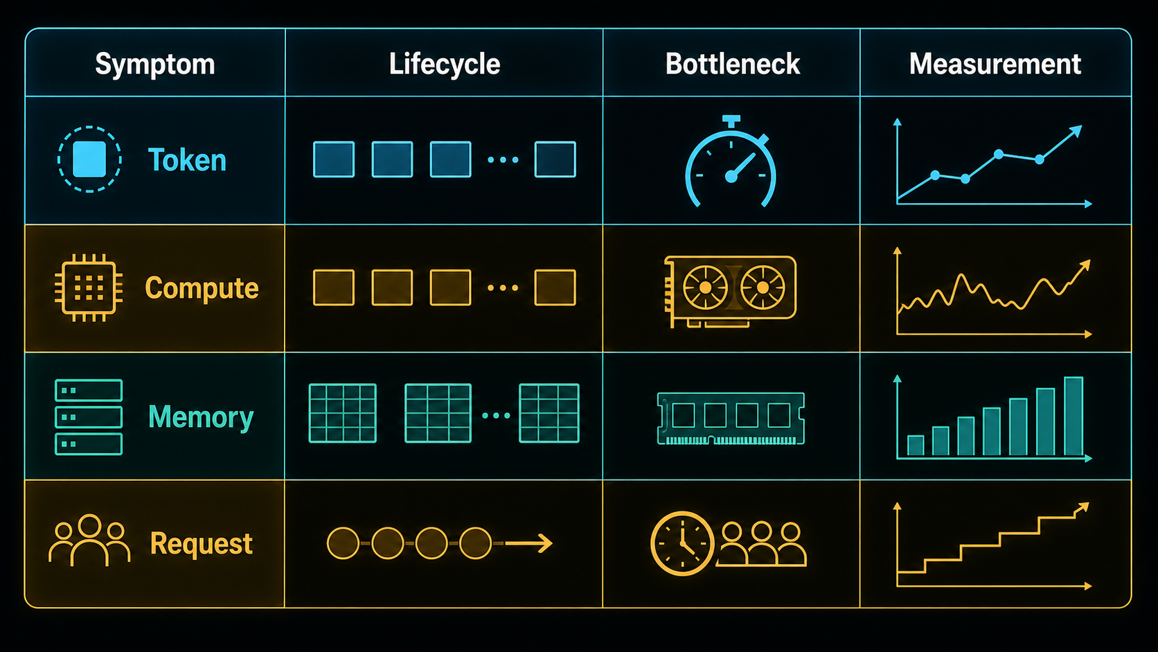 A diagnostic matrix mapping symptoms to lifecycle, bottleneck, measurement, token, compute, memory, and request.