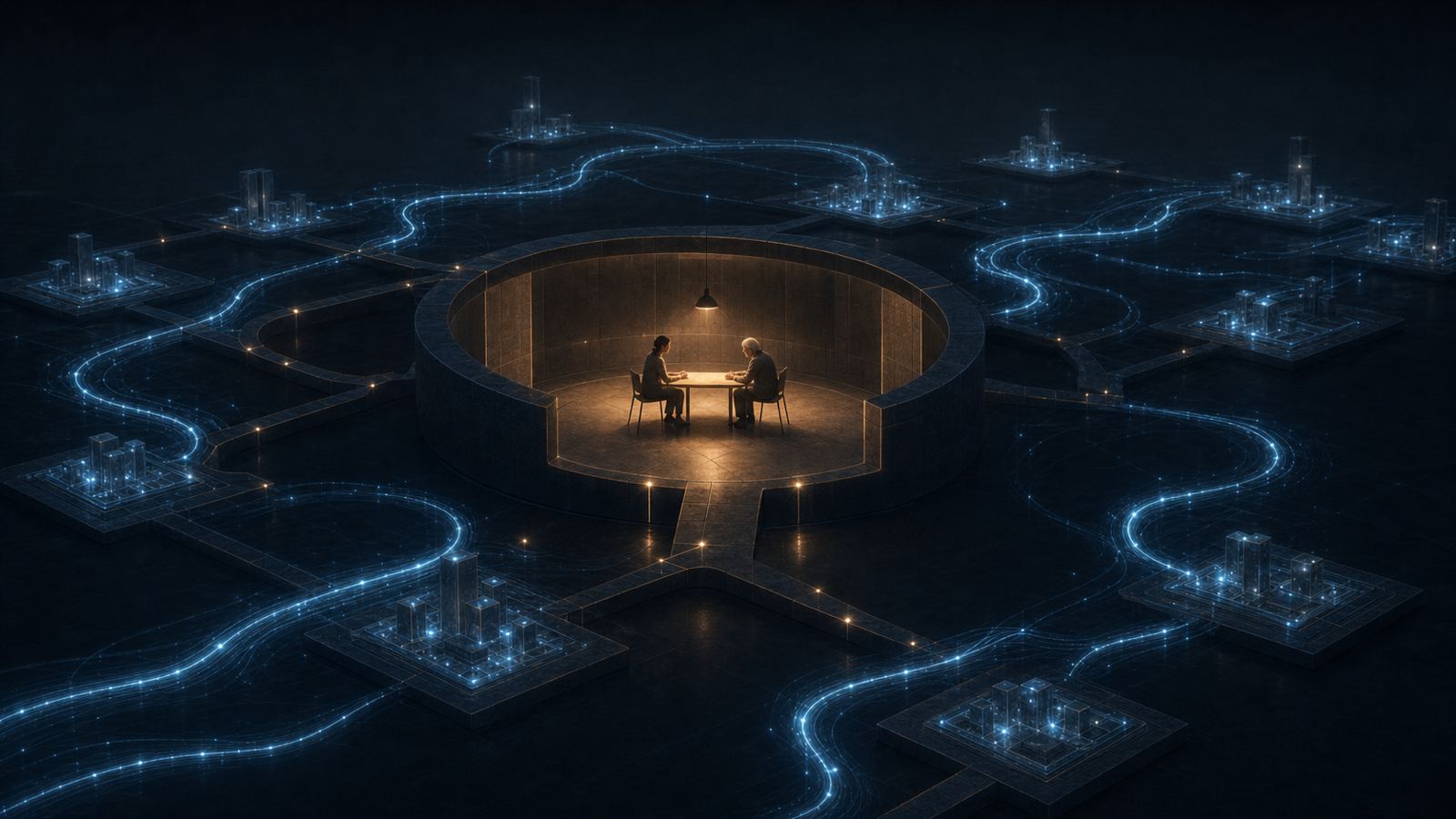 Two people share a moment of focused attention while cold automated pathways pass around their warm, quiet space.