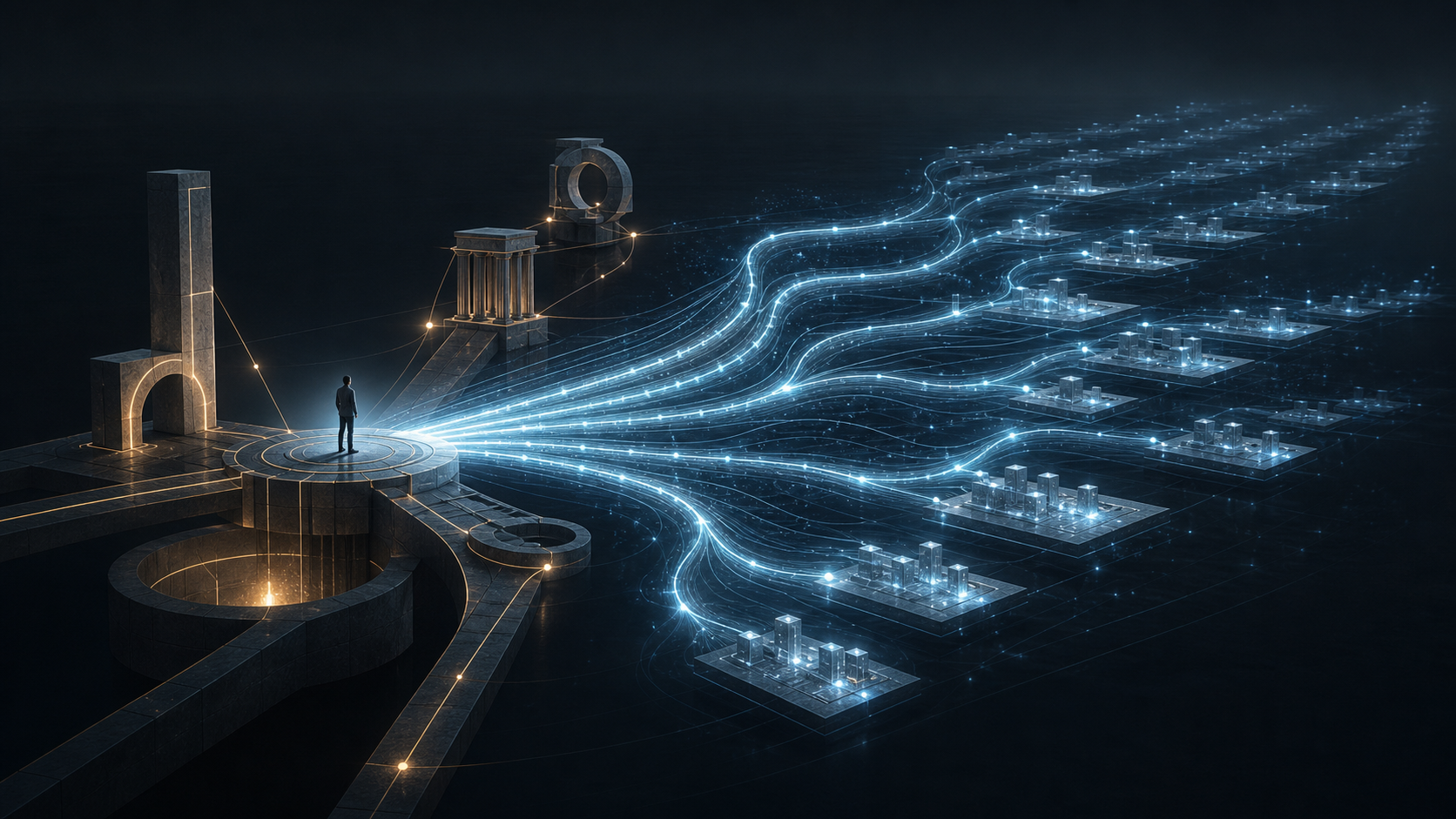 A solitary figure at a dark control platform directing many luminous AI pathways toward a few durable structures that suggest judgment, trust, ownership, and compounding.