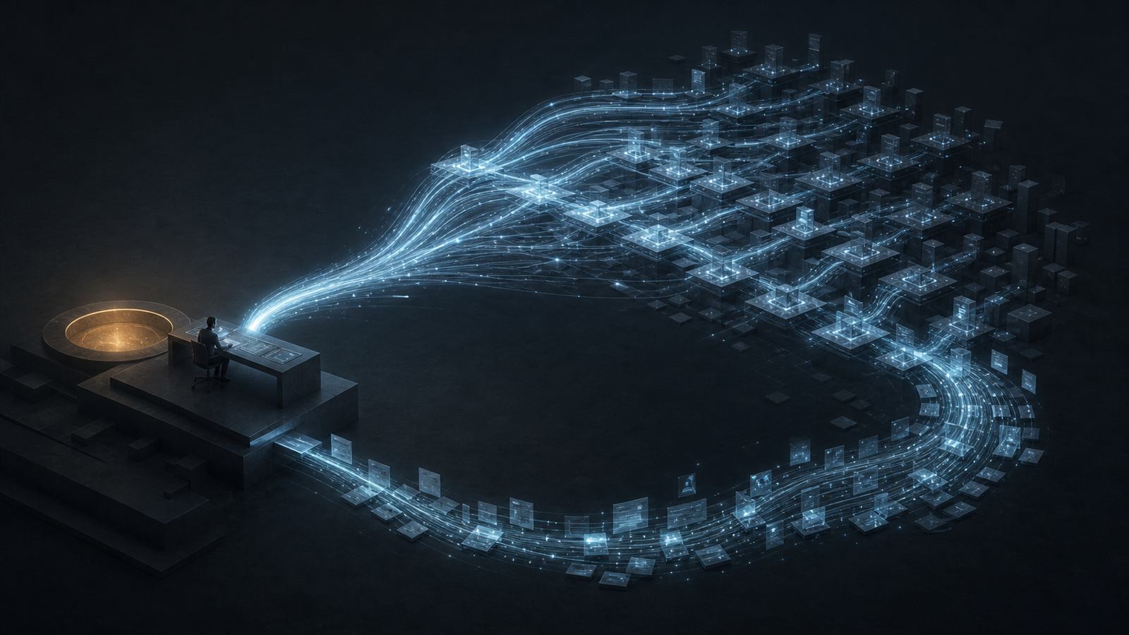AI pathways multiply a worker's output while the saved time loops back as a denser stream of new tasks.