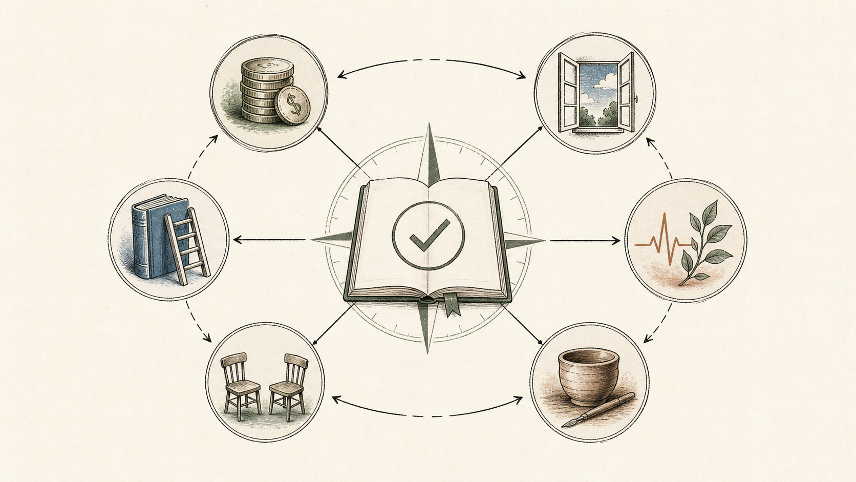 A calm decision-map illustration with a central notebook and surrounding symbols for money, autonomy, learning, health, relationships, and craft.