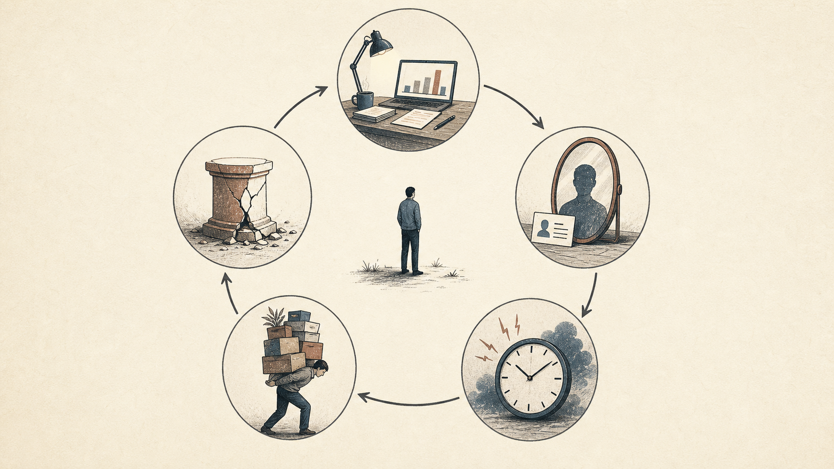 A circular illustration showing work signals, identity, anxiety, overwork, and fragility feeding into each other while a person stands outside the loop.