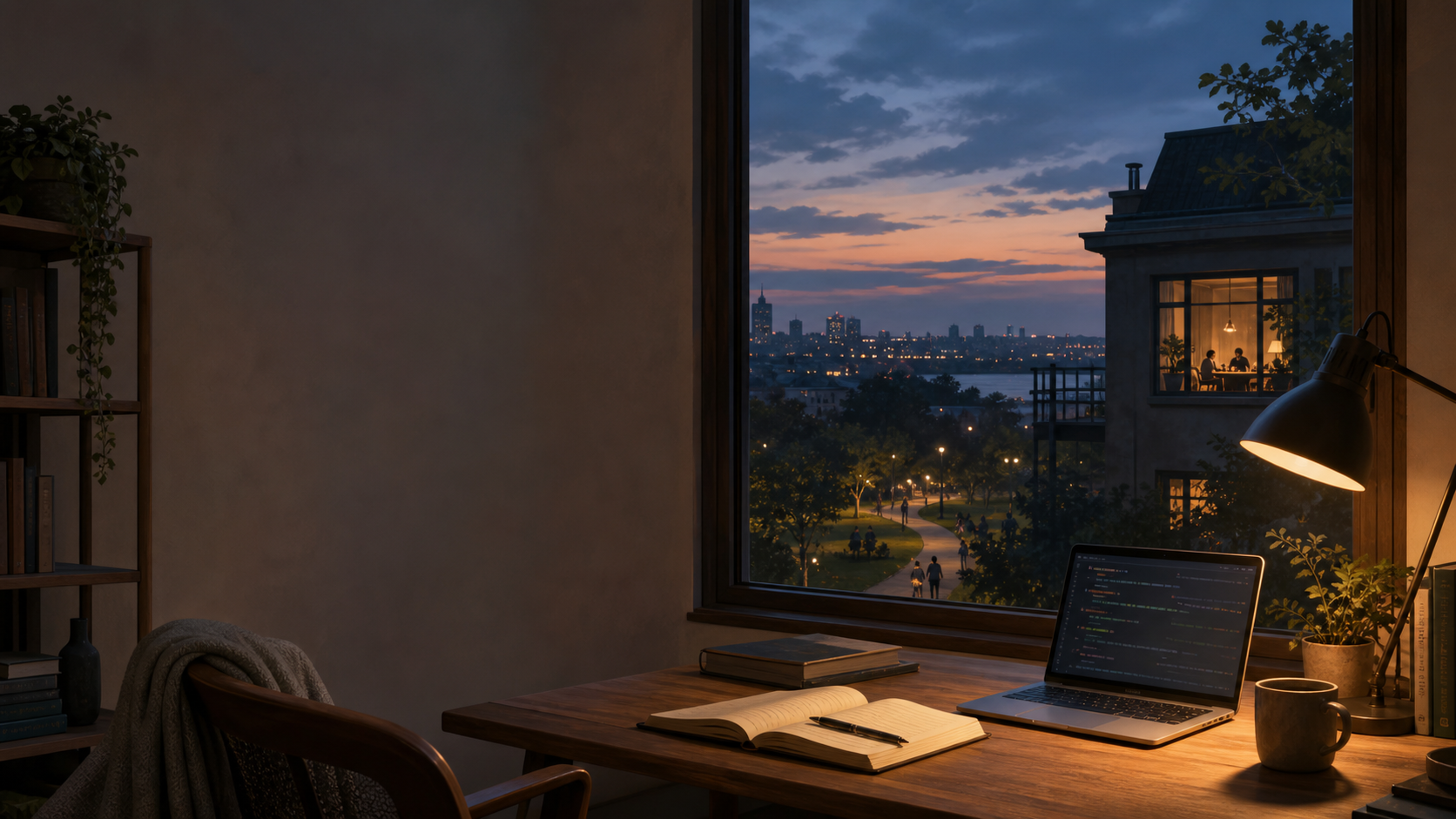 A quiet desk with a notebook and laptop beside a window looking out toward evening city life.
